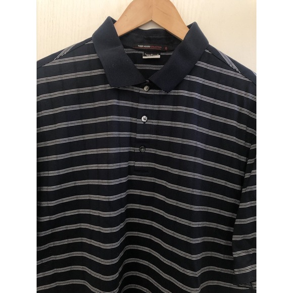 Nike Tiger Woods Polo Shirt Mens Large Navy Striped Short Sleeve Dri Fit Golf - Picture 2 of 8